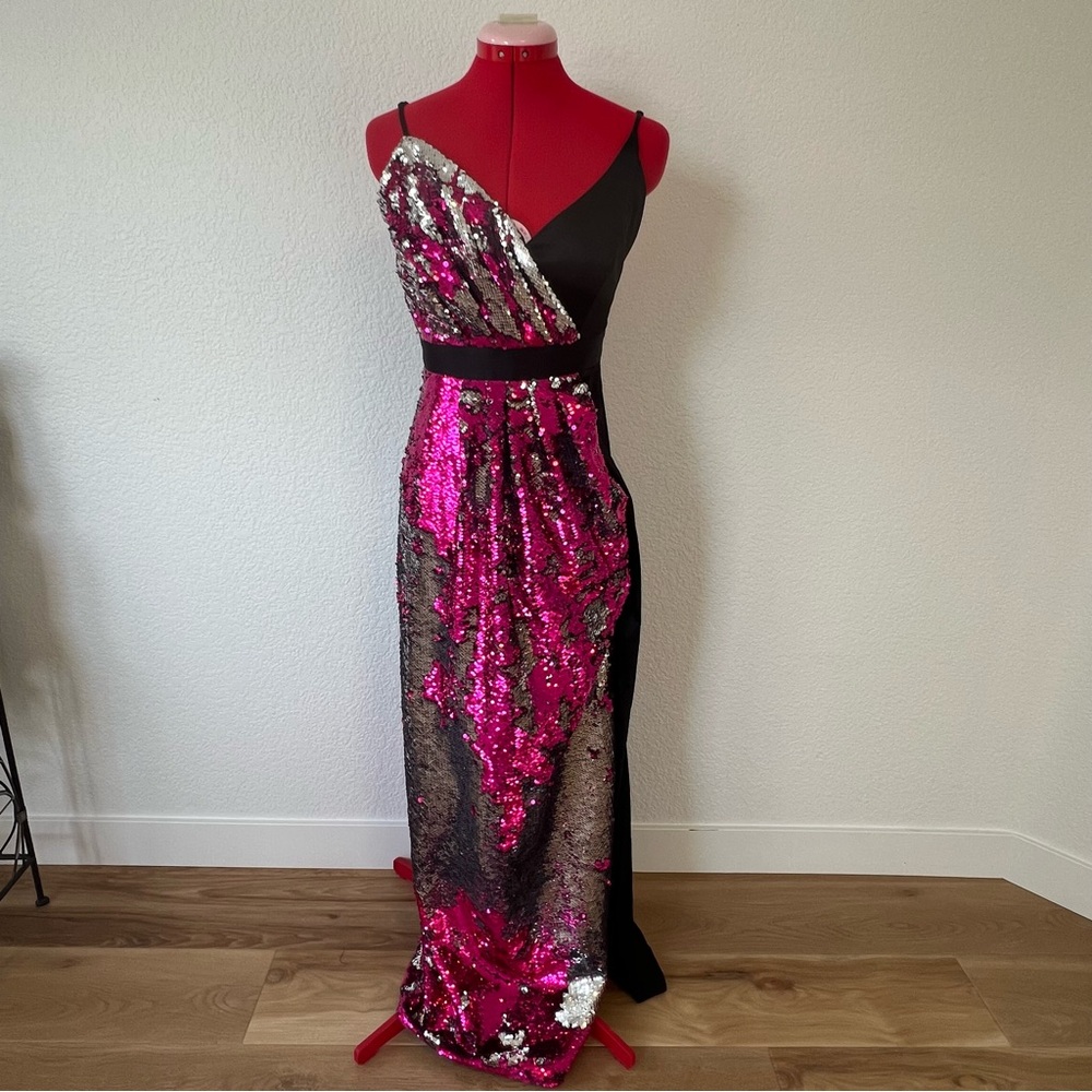 Sequin Maxi Dress Black/Pink/Silver Sleeveless Formal Cocktail Evening Small